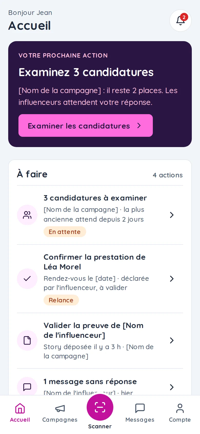 Écran d'accueil du commerçant dans l'application UGuest : votre prochaine action, examiner les candidatures.