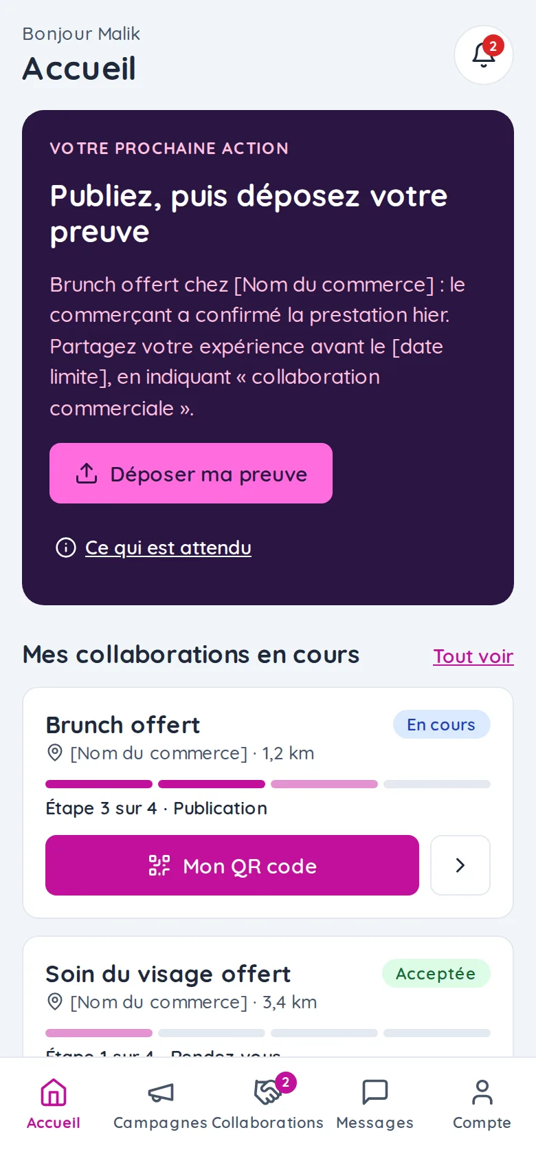Écran d'accueil de l'influenceur dans l'application UGuest : votre prochaine action et vos collaborations en cours.