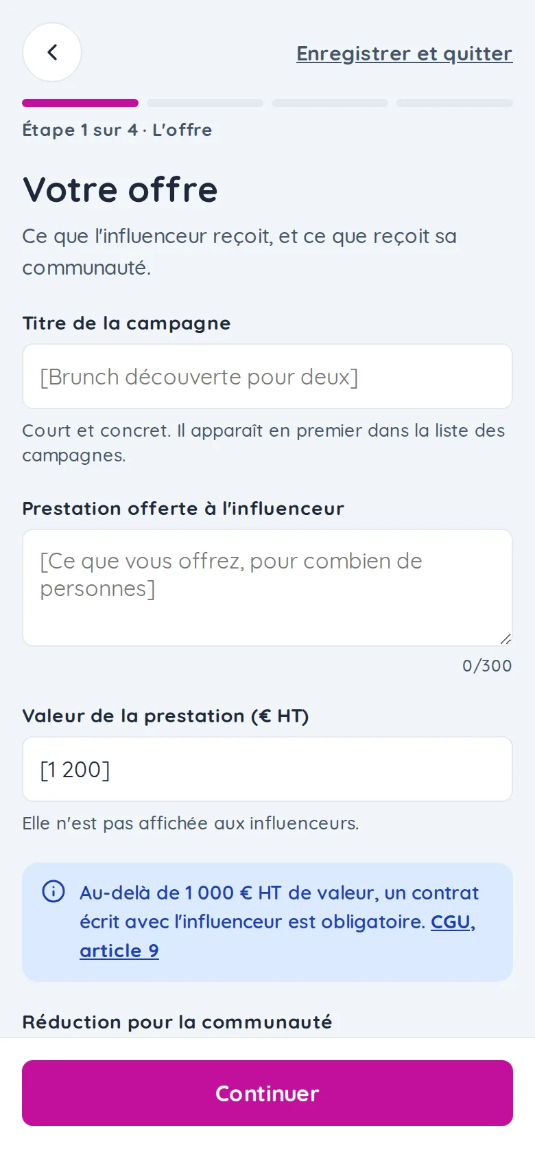 Première étape de l'assistant de création de campagne dans l'application UGuest : titre, prestation offerte à l'influenceur, réduction pour la communauté.