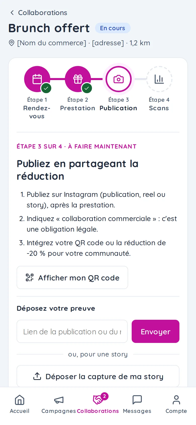 Écran d'une collaboration dans l'application UGuest : étapes rendez-vous, prestation, publication et scans.