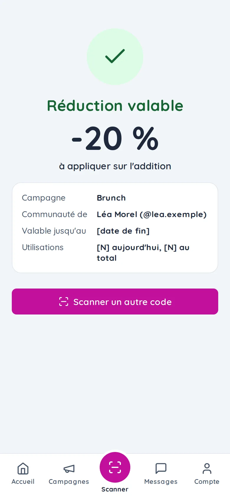 Écran de résultat dans l'application UGuest : réduction valable.