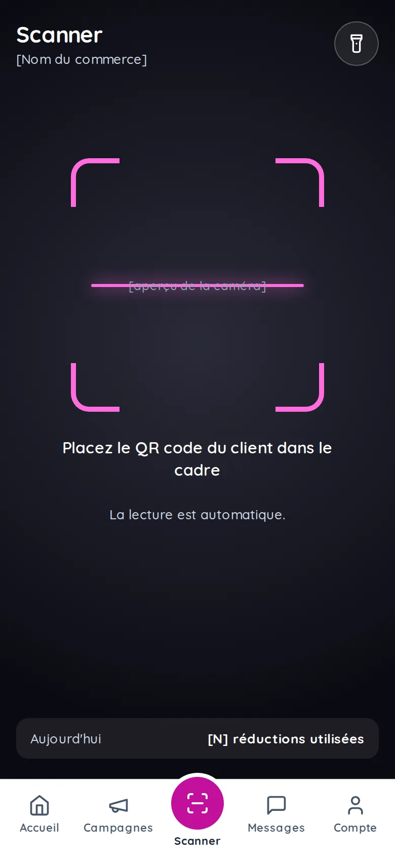Écran Scanner de l'application UGuest : placez le QR code du client dans le cadre.