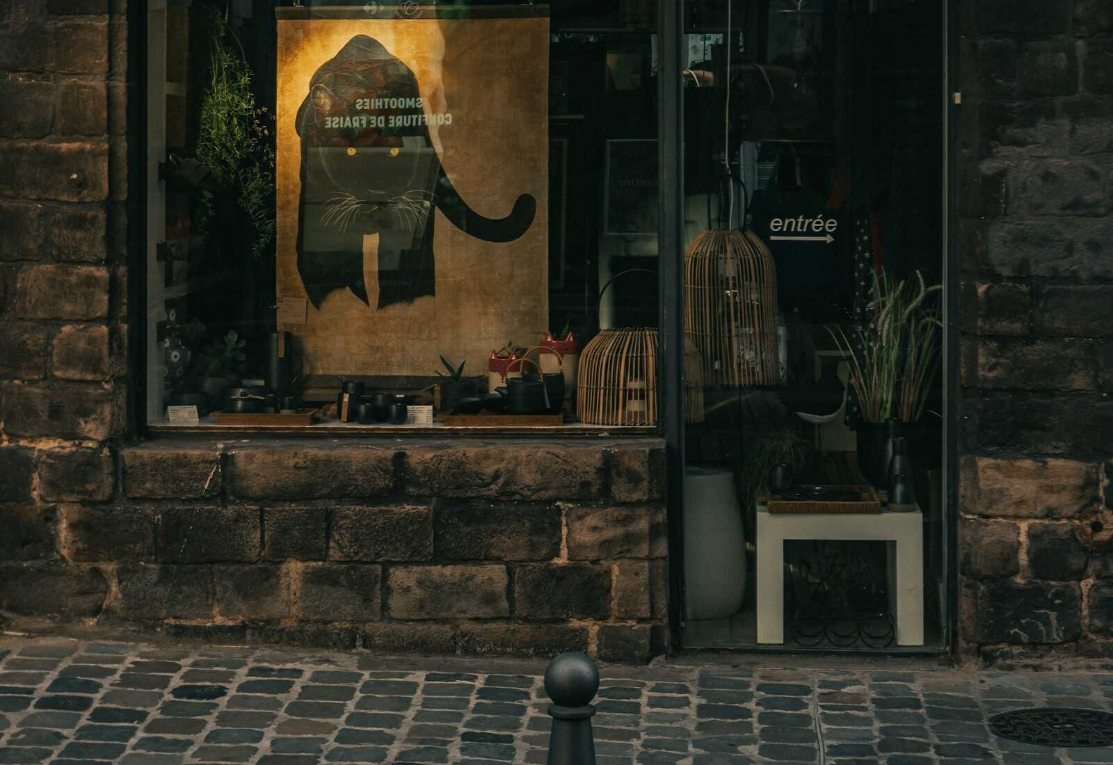La vitrine d'une boutique lilloise : une grande affiche, des lanternes en osier et des plantes.